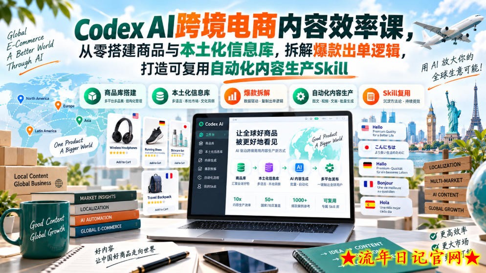 Codex AI跨境电商内容效率课,从零搭建商品与本土化信息库,拆解爆款出单逻辑,打造可复用自动化内容生产Skill-流年日记