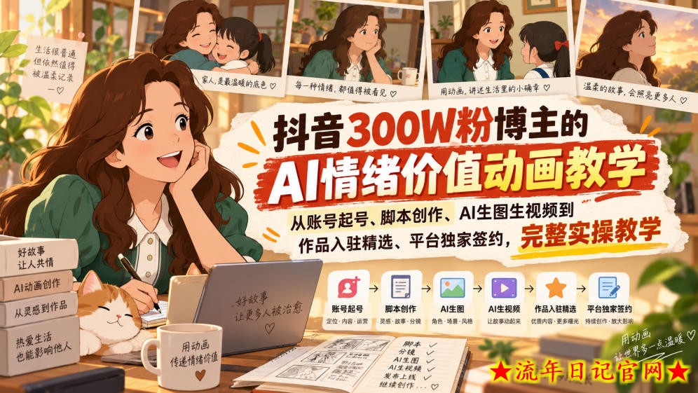 抖音300W粉博主的AI情绪价值动画教学，从账号起号、脚本创作、AI生图生视频到作品入驻精选、平台独家签约，完整实操-流年日记