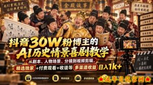 抖音30W粉博主的AI历史情景喜剧教学，从剧本、人物场景、分镜到视频剪辑，精选独家+付费观看+收徒等多渠道收益日入1k+-流年日记