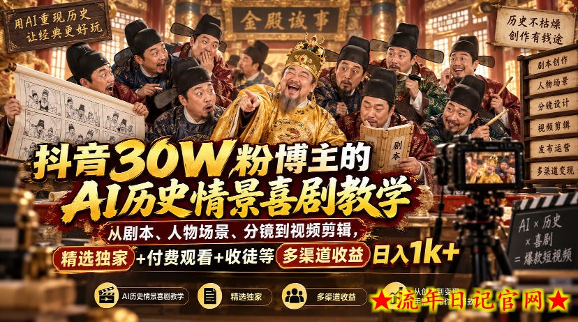 抖音30W粉博主的AI历史情景喜剧教学，从剧本、人物场景、分镜到视频剪辑，精选独家+付费观看+收徒等多渠道收益日入1k+-流年日记