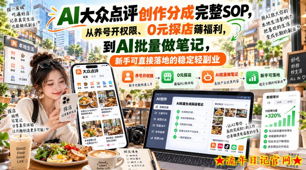 【无水印】AI大众点评创作分成完整SOP，从养号开权限、0元探店薅福利，到AI批量做笔记，新手可直接落地的稳定轻副业-流年日记