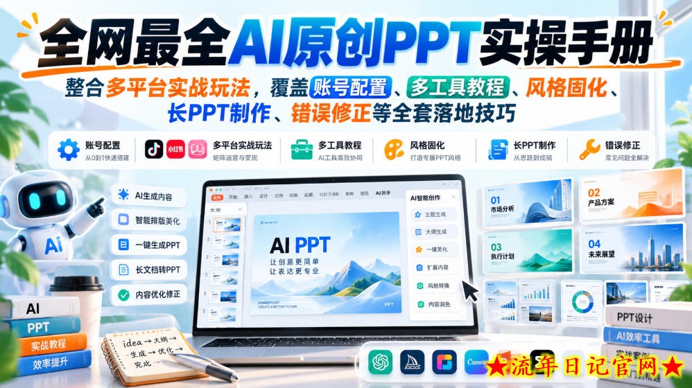 全网最全AI原创PPT实操手册,整合多平台实战玩法,覆盖账号配置、多工具教程、风格固化、长PPT制作、错误修正等全套落地技巧-流年日记