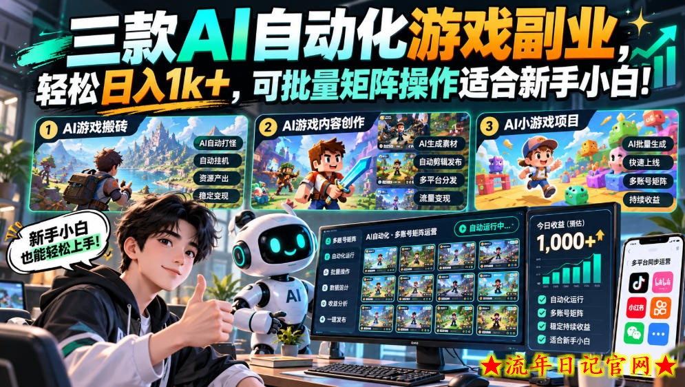 三款AI自动化游戏副业,轻松日入1k+,可批量矩阵操作适合新手小白!【揭秘】-流年日记