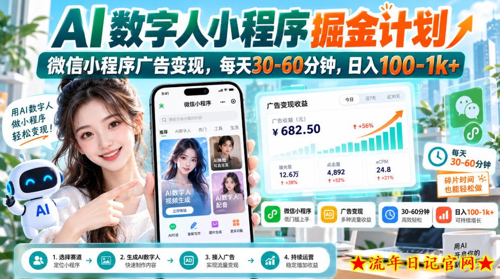 【无水印】AI数字人小程序掘金计划,微信小程序广告变现,每天30‑60分钟,日入100‑1k+-流年日记