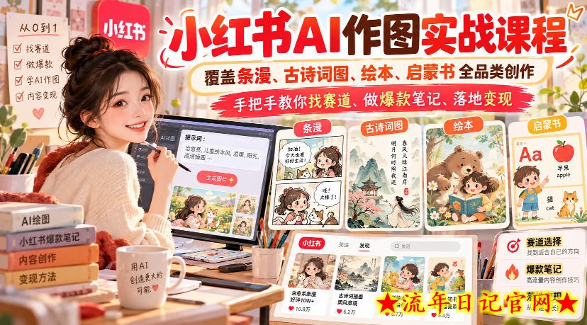 小红书AI作图实战课程,覆盖条漫、古诗词图、绘本、启蒙书全品类创作,手把手教你找赛道、做爆款笔记、落地变现-流年日记