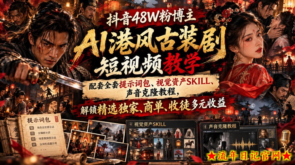 抖音48W粉博主AI港风古装剧短视频教学,配套全套提示词包、视觉资产SKILL、声音克隆教程,解锁精选独家、商单、收徒多元收益-流年日记