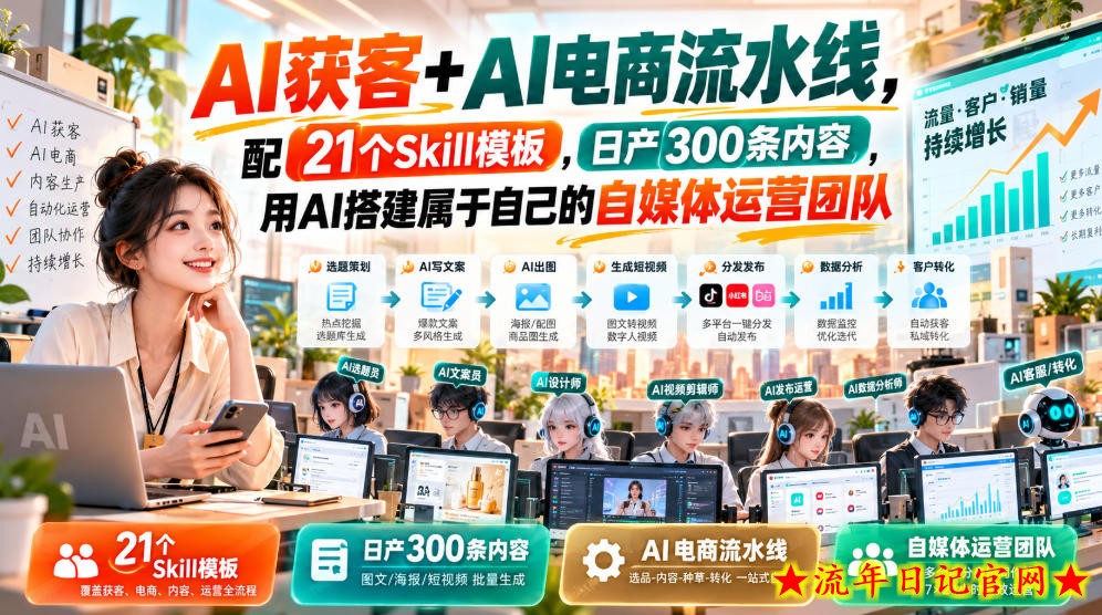 AI获客+AI电商流水线,配21个Skill模板,日产300条内容,用AI搭建属于自己的自媒体运营团队-流年日记