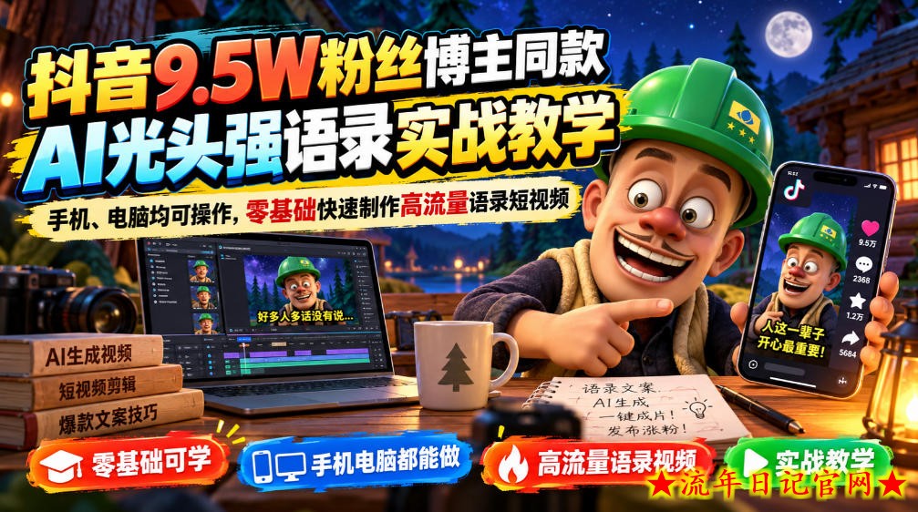 抖音9.5W粉丝博主同款AI光头强语录实战教学,手机、电脑均可操作,零基础快速制作高流量语录短视频-流年日记