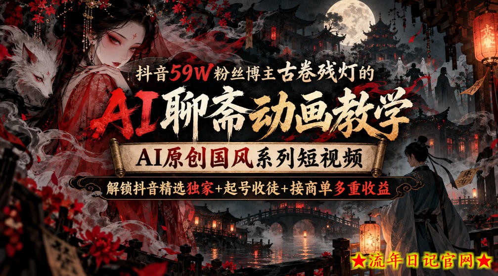 抖音59W粉丝博主古卷残灯的AI聊斋动画教学,AI原创国风系列短视频,解锁抖音精选独家+起号收徒+接商单多重收益-流年日记