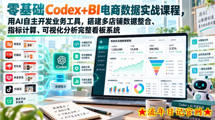 零基础Codex+BI电商数据实战课程,用AI自主开发业务工具,搭建多店铺数据整合、指标计算、可视化分析完整看板系统-流年日记
