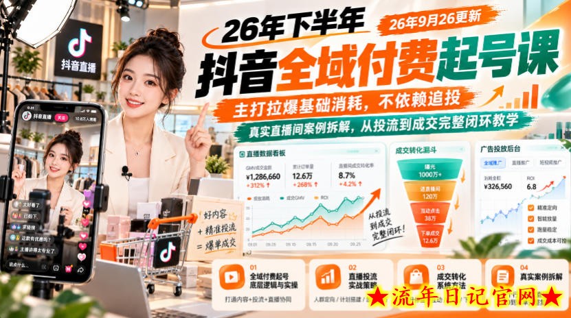 26年下半年抖音全域付费起号课26年9月26更新,主打拉爆基础消耗,不依赖追投,真实直播间案例拆解,从投流到成交完整闭环教学-流年日记