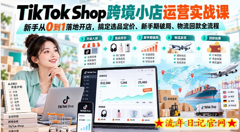 TikTok Shop跨境小店运营实战课,新手从0到1落地开店,搞定选品定价、新手期破局、物流回款全流程-流年日记