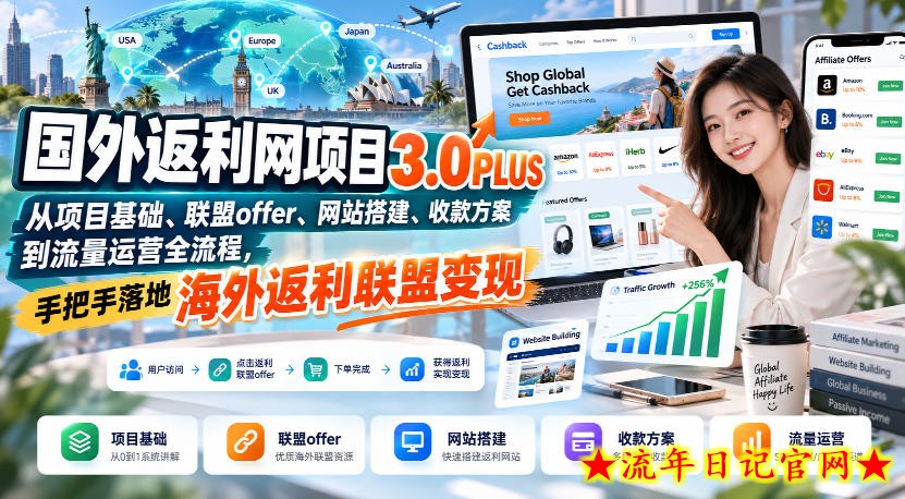 国外返利网项目3.0PLUS,从项目基础、联盟offer、网站搭建、收款方案到流量运营全流程,手把手落地海外返利联盟变现-流年日记