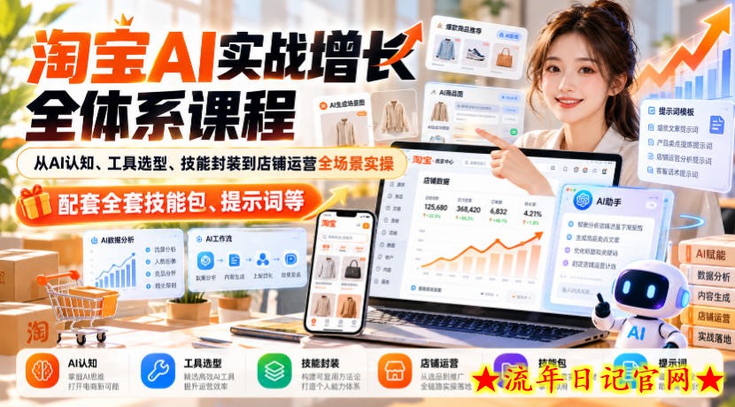 【无水印】淘宝AI实战增长全体系课程,从AI认知、工具选型、技能封装到店铺运营全场景实操,配套全套技能包、提示词等-流年日记