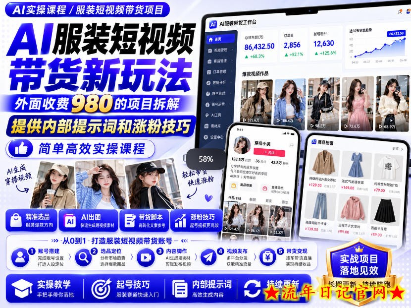 外面收费980AI快手带货系统课程,内部课程首次外放,操作简单高效,一分钟一条爆款视频-流年日记