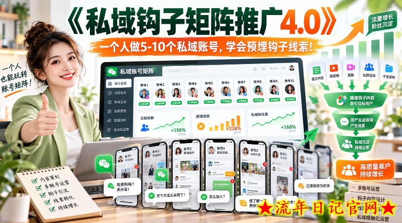 【无水印】《私域钩子矩阵推广4.0》一个人做5-10个私域账号,学会预埋钩子线索!-流年日记