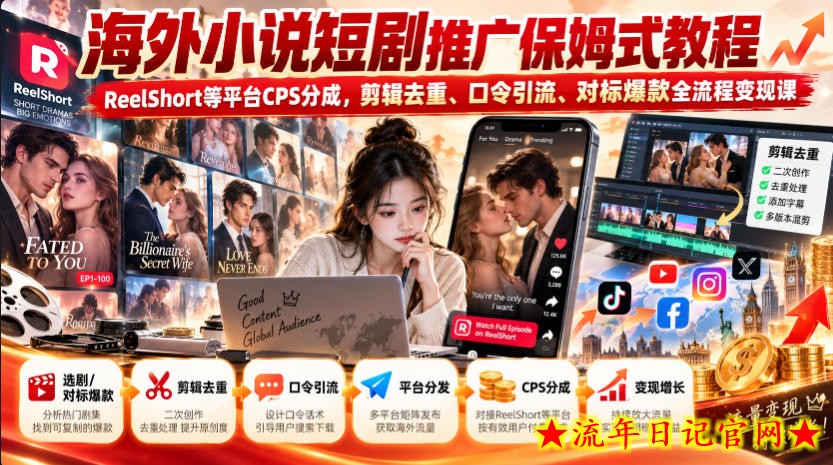 海外小说短剧推广保姆式教程｜ReelShort等平台CPS分成，剪辑去重、口令引流、对标爆款全流程变现课-流年日记