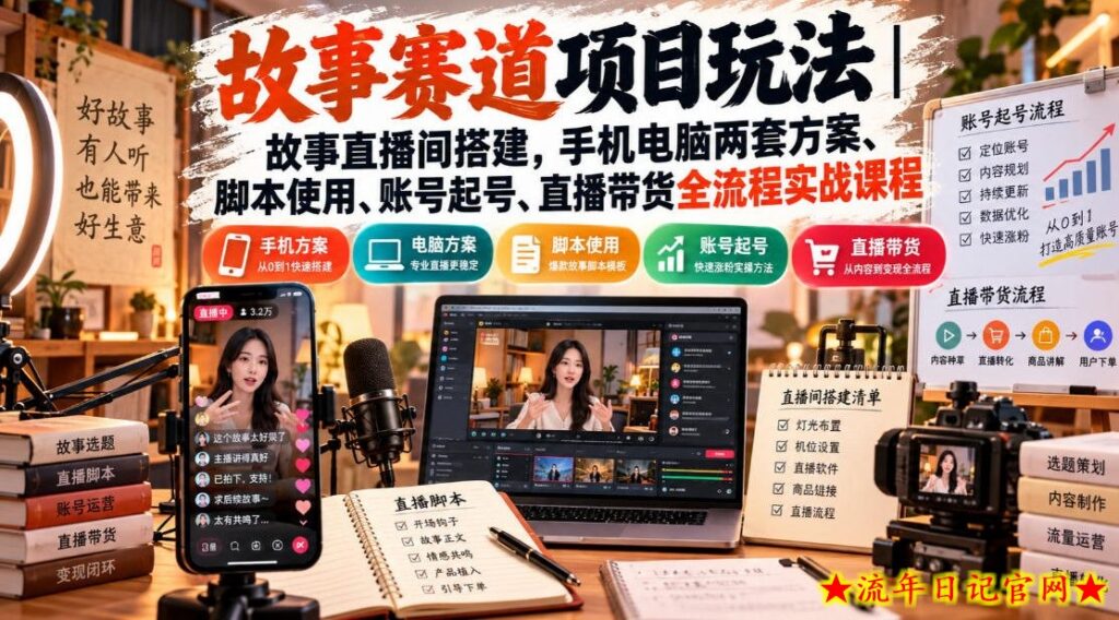 故事赛道项目玩法｜故事直播间搭建，手机电脑两套方案、脚本使用、账号起号、直播带货全流程实战课程-流年日记