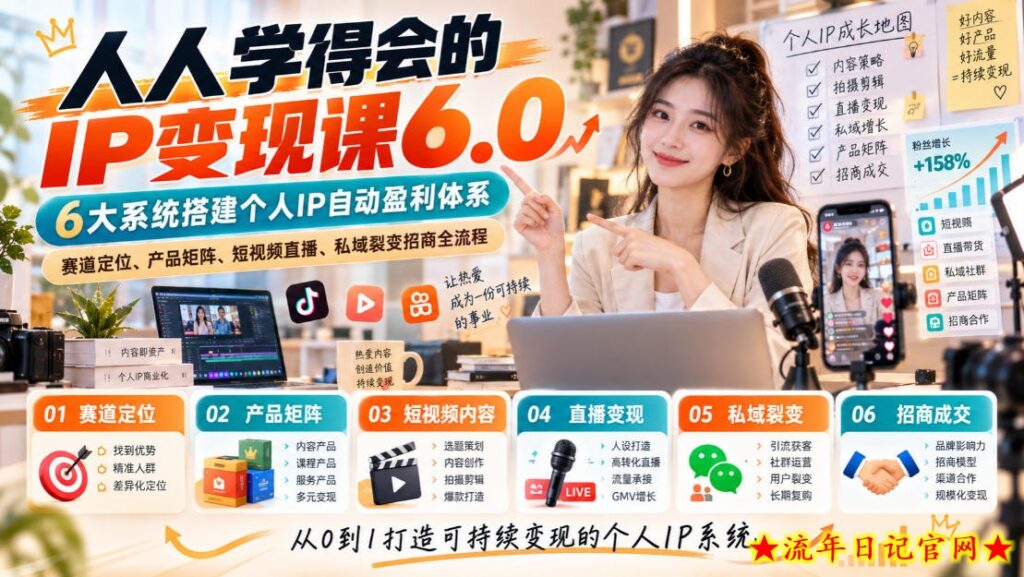 人人学得会的IP变现课6.0，6大系统搭建个人IP自动盈利体系，赛道定位、产品矩阵、短视频直播、私域裂变招商全流程-流年日记