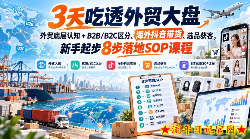 3天吃透外贸大盘，外贸底层认知+B2B/B2C区分、海外抖音带货、选品获客，新手起步8步落地SOP课程-流年日记
