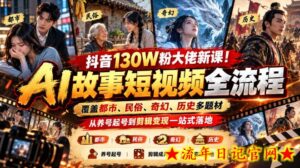 抖音130W粉大佬新课!AI故事短视频全流程,覆盖都市、民俗、奇幻、历史多题材,从养号起号到剪辑变现一站式落地-流年日记