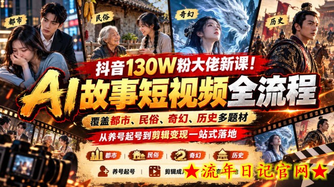 抖音130W粉大佬新课！AI故事短视频全流程，覆盖都市、民俗、奇幻、历史多题材，从养号起号到剪辑变现一站式落地-流年日记