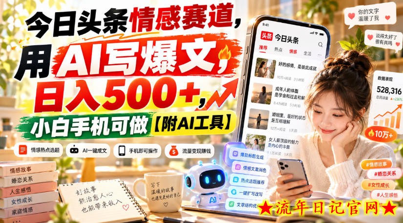 今日头条情感赛道，用AI写爆文，日入500+，小白手机可做【附AI工具】-流年日记