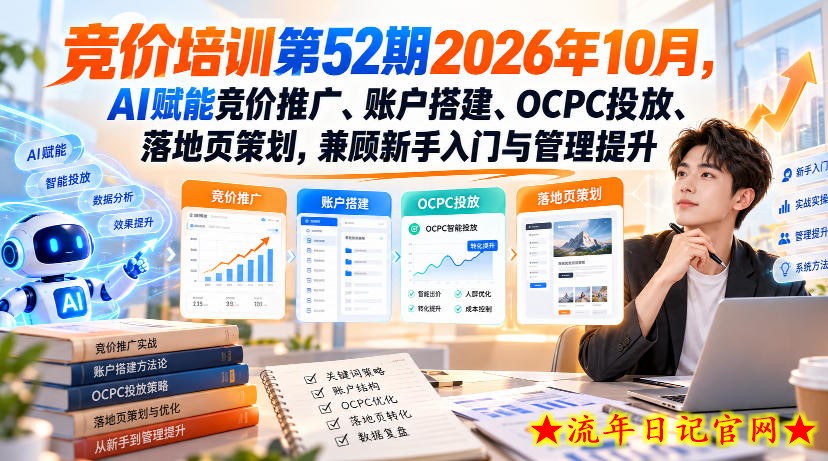 【无水印】竞价培训第52期2026年10月，AI赋能竞价推广、账户搭建、OCPC投放、落地页策划，兼顾新手入门与管理提升-流年日记