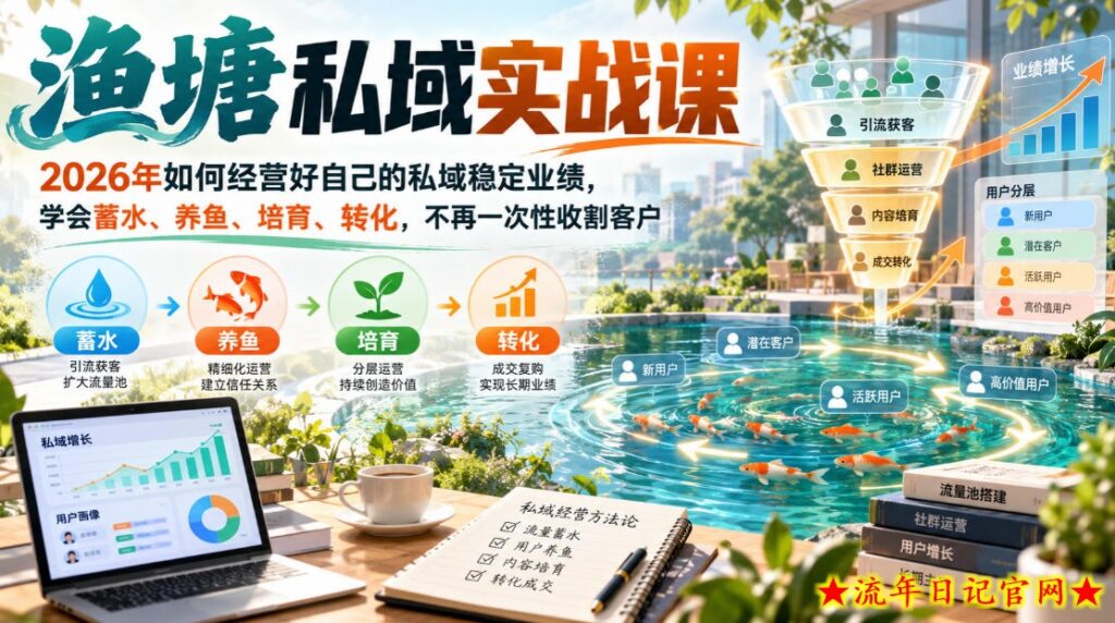 渔塘私域实战课,2026年如何经营好自己的私域稳定业绩,学会蓄水、养鱼、培育、转化,不再一次性收割客户-流年日记