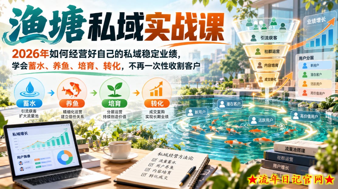 渔塘私域实战课，2026年如何经营好自己的私域稳定业绩，学会蓄水、养鱼、培育、转化，不再一次性收割客户