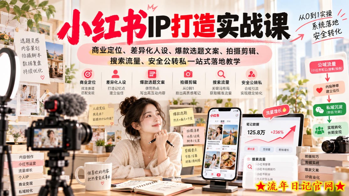 小红书ip打造实战课，商业定位、差异化人设、爆款选题文案、拍摄剪辑、搜索流量、安全公转私一站式落地教学