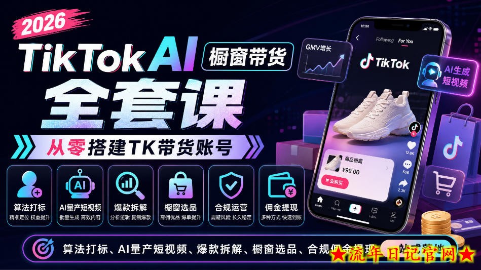 2026TikTok AI橱窗带货全套课,从零搭建TK带货账号,算法打标、AI量产短视频、爆款拆解、橱窗选品、合规佣金提现一站式落地-流年日记