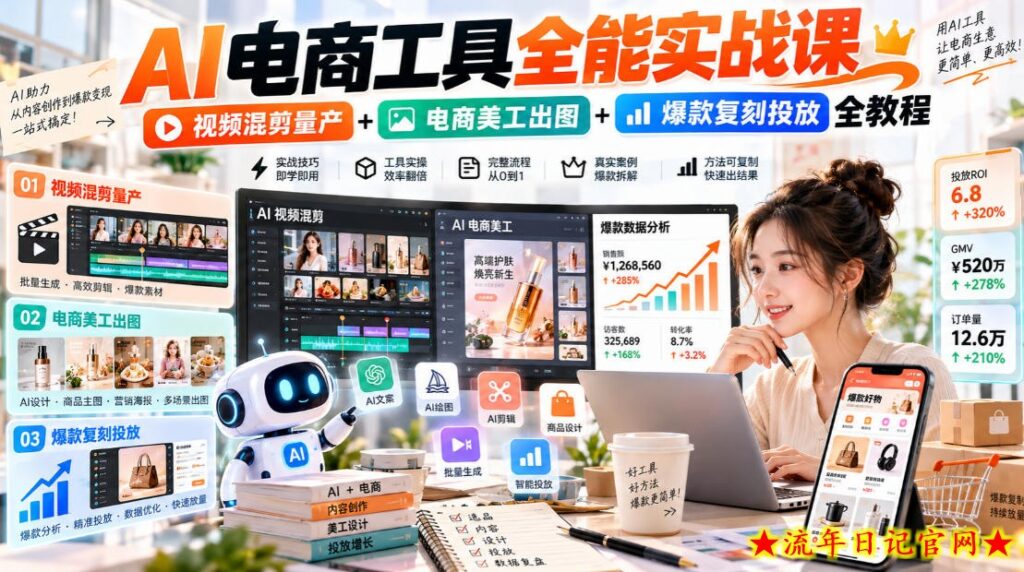 AI电商工具全能实战教学,视频混剪量产+电商美工出图+爆款复刻投放全教程-流年日记