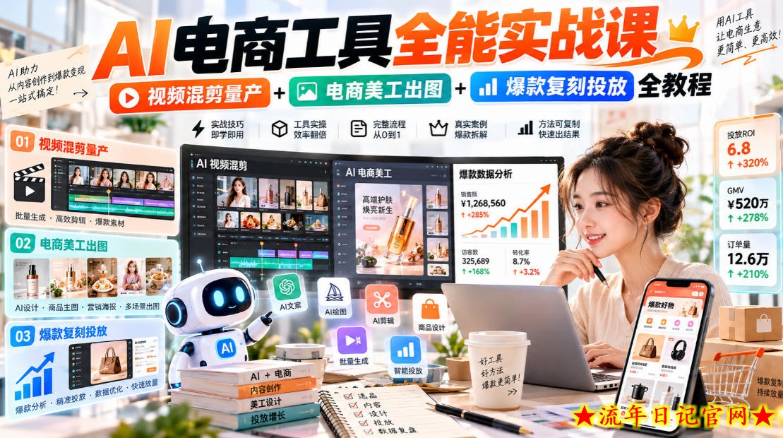 AI电商工具全能实战教学，视频混剪量产+电商美工出图+爆款复刻投放全教程​