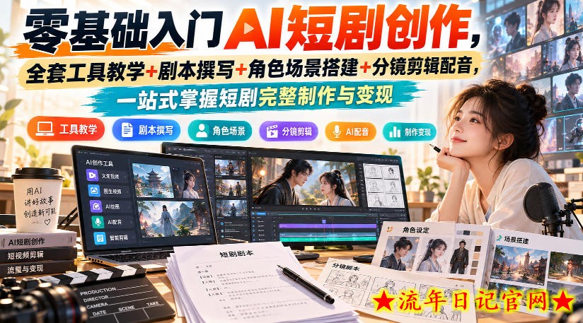 零基础入门AI短剧创作,全套工具教学+剧本撰写+角色场景搭建+分镜剪辑配音,一站式掌握短剧完整制作与变现-流年日记