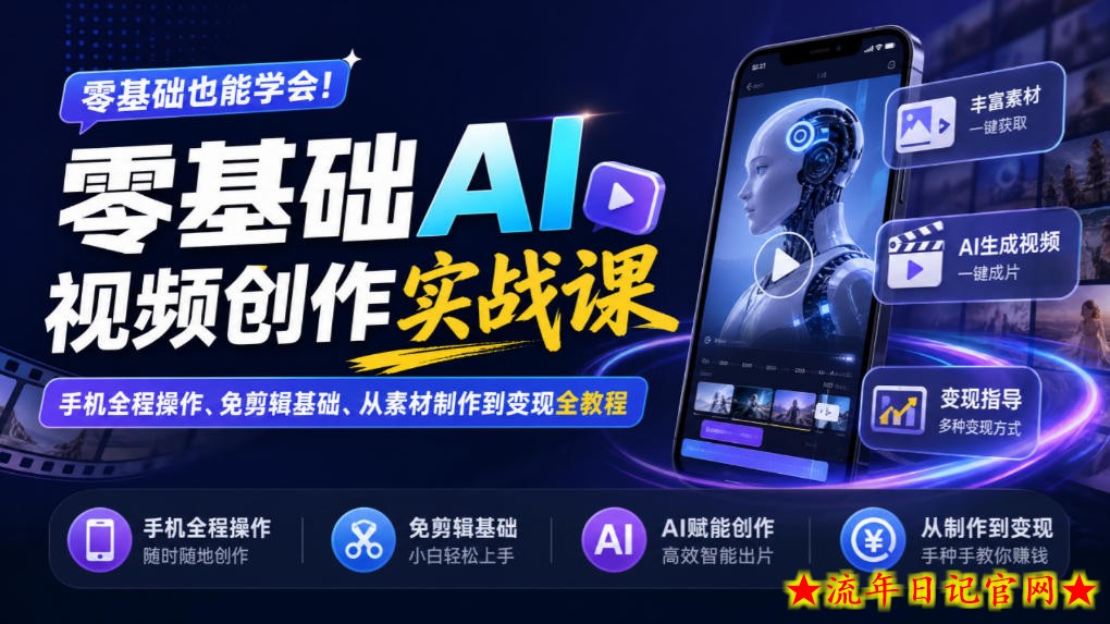 零基础AI视频创作实战课|手机全程操作、免剪辑基础、从素材制作到变现全教程-流年日记
