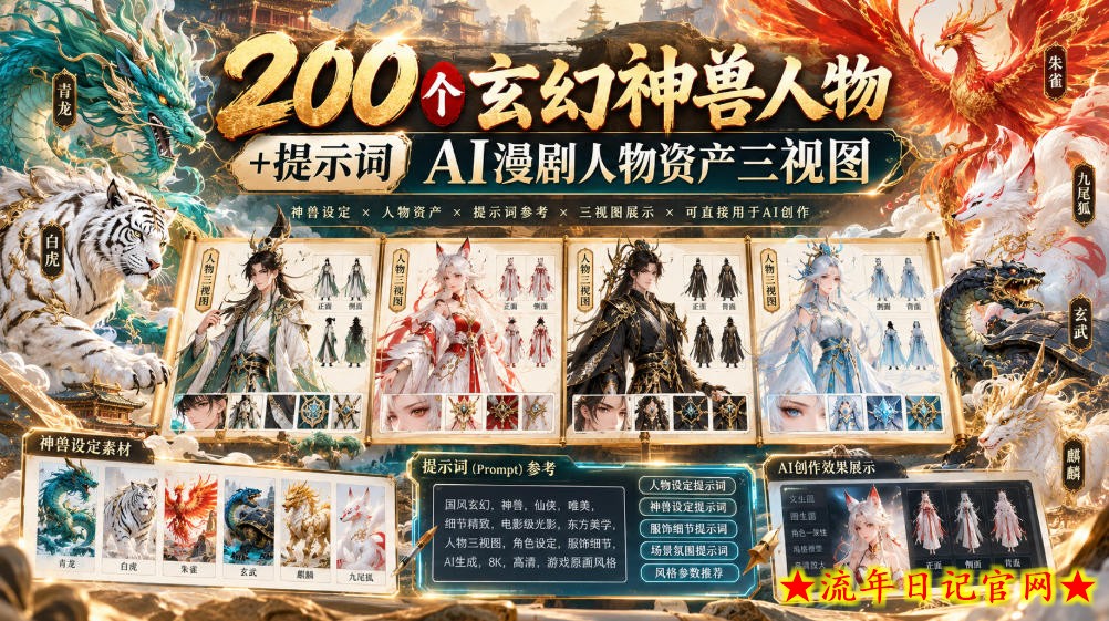 200个玄幻神兽人物+提示词ai漫剧人物资产三视图-流年日记