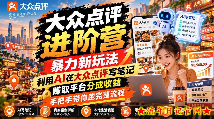 大众点评进阶营,暴力新玩法,利用AI在大众点评写笔记, 賺取平台分成收益,手把手带你跑完整流程-流年日记
