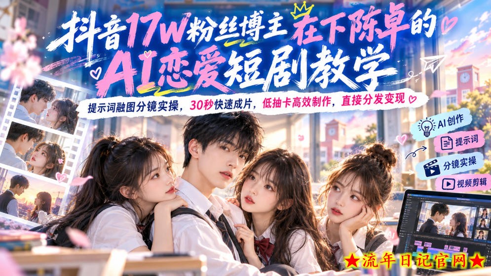 抖音17W粉丝博主在下陈卓的AI恋爱短剧教学,提示词融图分镜实操,30秒快速成片,低抽卡高效制作,直接分发变现-流年日记