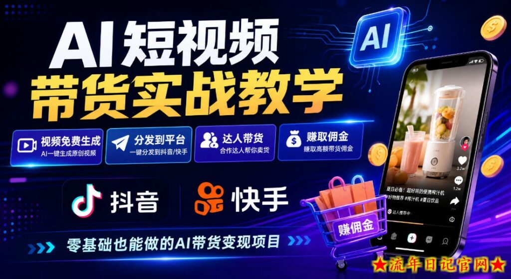 AI短视频带货实战教学，视频免费生成，分发到抖音快手平台，达人带货賺佣金-流年日记