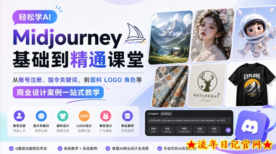 轻松学AI Midjourney基础到精通课堂，从账号注册、指令关键词，到面料LOGO角色等商业设计案例一站式教学-流年日记
