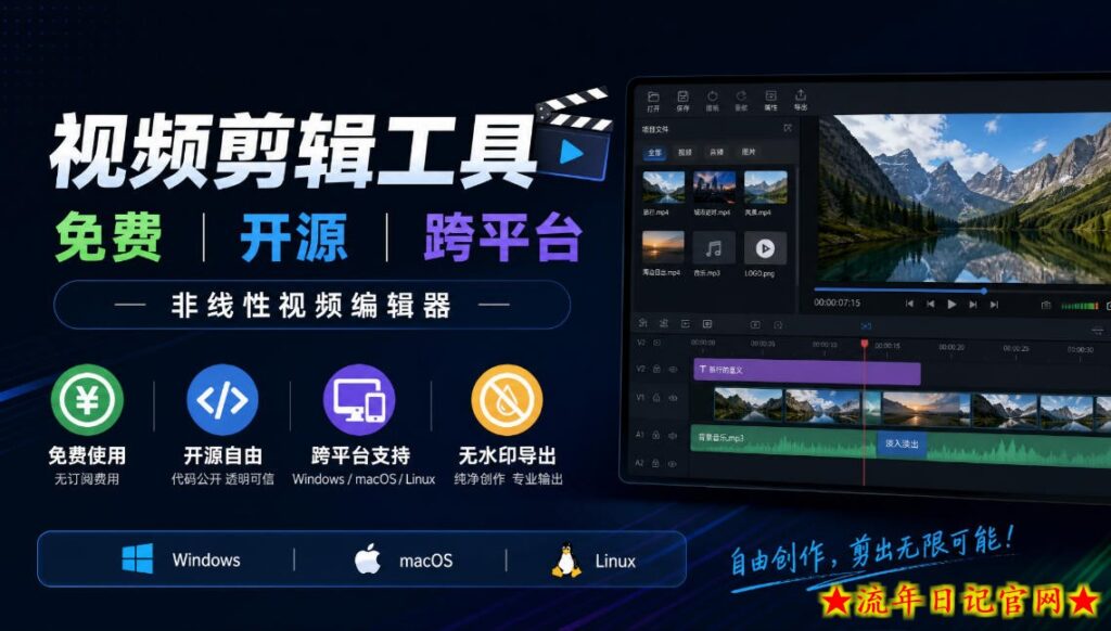视频剪辑工具，免费、开源、跨平台，非线性视频编辑器，支持Windows、macOS、Linux，无水印、无订阅费用-流年日记
