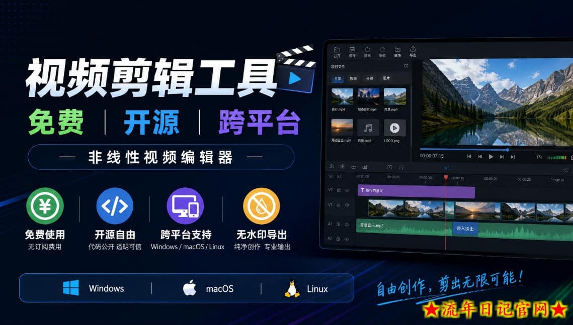 视频剪辑工具，免费、开源、跨平台，非线性视频编辑器，支持Windows、macOS、Linux，无水印、无订阅费用