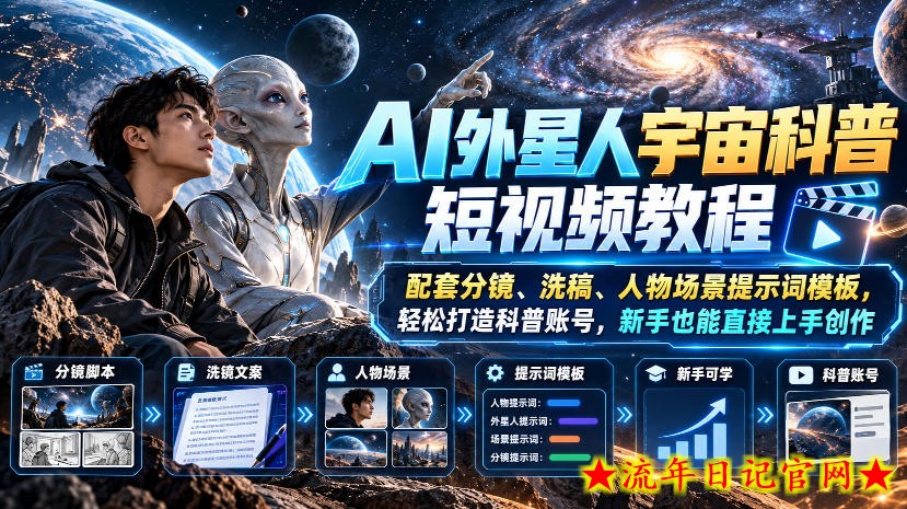 AI外星人宇宙科普短视频教程，配套分镜、洗稿、人物场景提示词模板，轻松打造科普账号，新手也能直接上手创作-流年日记