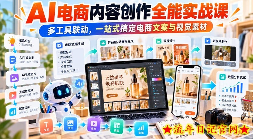 【无水印】AI电商内容创作全能实战课｜多工具联动，一站式搞定电商文案与视觉素材-流年日记