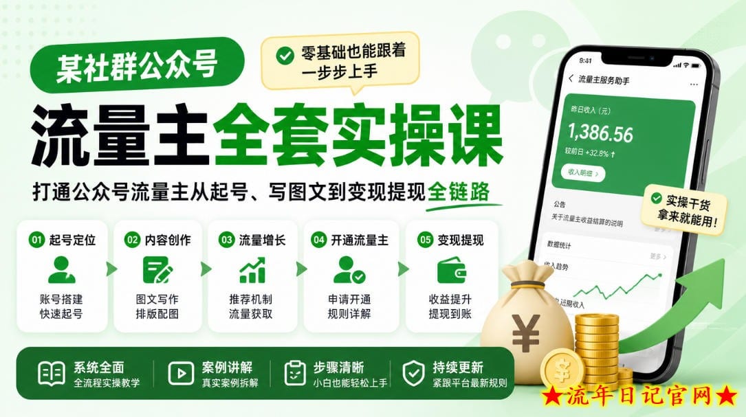 某社群公众号流量主全套实操课，零基础也能跟着一步步上手，打通公众号流量主从起号、写图文到变现提现全链路