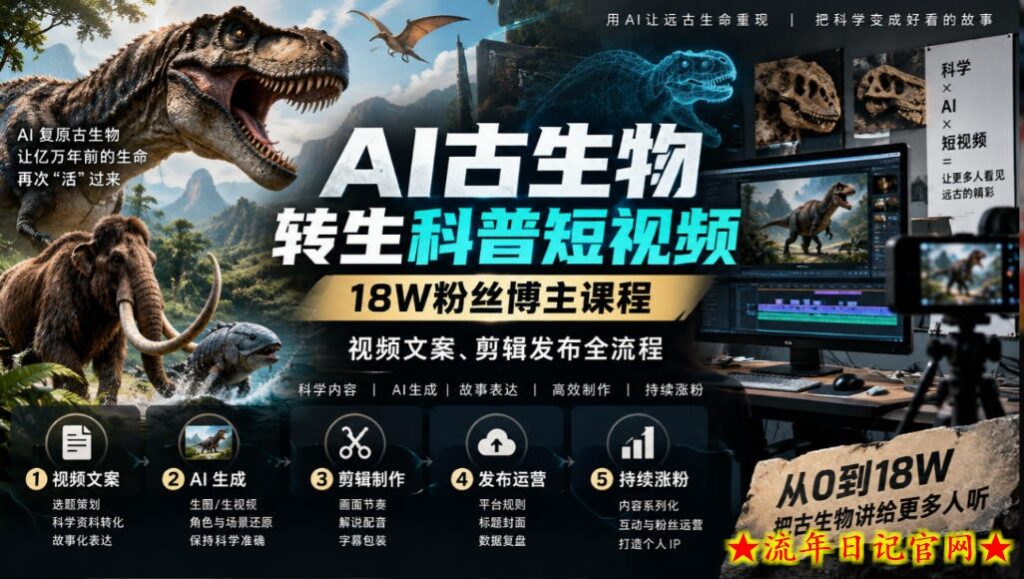 AI古生物转生科普短视频,18W粉丝博主课程,视频文案、剪辑发布全流程-流年日记