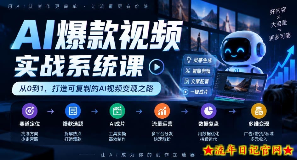 AI爆款视频实战系统课|赛道定位、爆款选题、AI成片、流量运营、数据复盘、多维变现全链路教学-流年日记