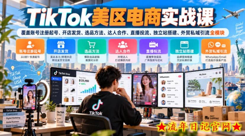 TikTok美区电商实战课，覆盖账号注册起号、开店发货、选品方法、达人合作、直播投流、独立站搭建、外贸私域引流全模块-流年日记