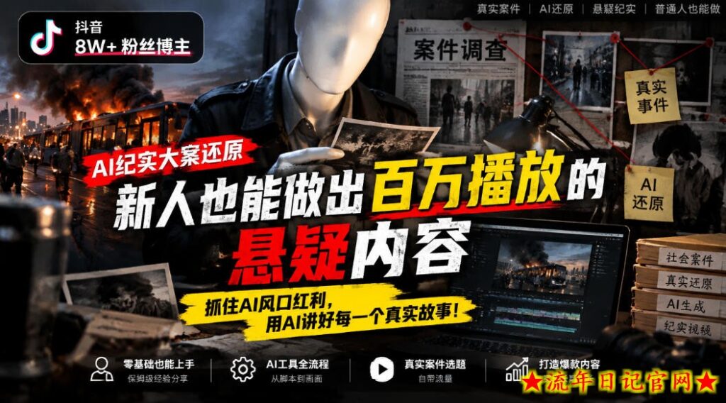 抖音8W粉丝博主的AI纪实大案还原教学，新人也能做出百W播放的悬疑内容，抓住AI风口红利，用AI讲好每一个真实故事-流年日记